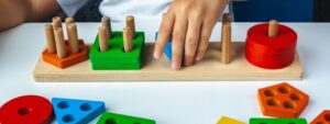 Children's wooden toy. The child collects a sorter. Educational logic toys for kid's. Children's hands close-up. Montessori Games for Child Development